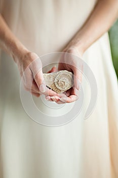 Woman hand holding little fossile ammonite, sensual studio shot with soft light