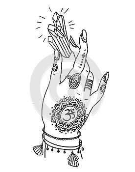 Woman hand is holding magic crystal. Vector illustration isolated. Tattoo design, mystic magic symbol for your print. photo
