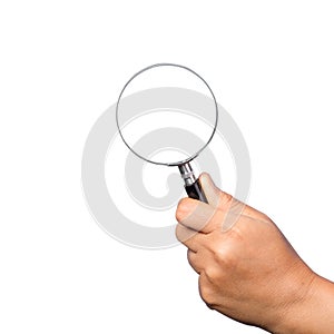 woman hand holding magnifying glass isolated on white background. optical zoom lens is macro tool, concept for education, science