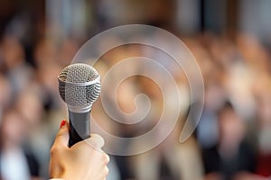 Woman hand holding microphone at business conference on blurry background journalist with mic