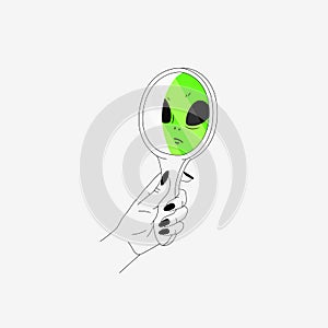 Woman hand holding mirror. Alien. Reflection. Vector