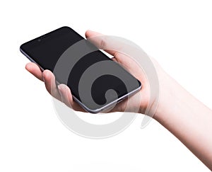 Woman hand holding mobile smartphone blank screen