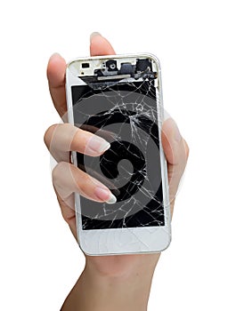 Woman hand holding mobile smartphone with broken screen