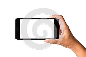 Woman hand holding mockup smartphone horizontal blank white screen