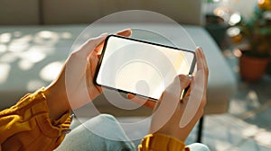 Woman hand holding a modern frameless smartphone with blank white screen on background of a modern interior