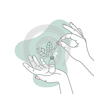 Woman hand holding organic cosmetic bottle. Minimalist concept. Cosmetics floral organic illustration. Natural ingredient