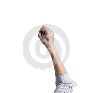 Woman hand holding pen writing front view