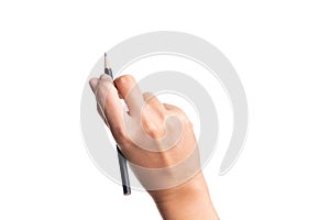 Woman hand holding pencil, writing, drawing, pointing isolated o