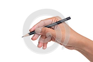 Woman hand holding pencil, writing, drawing, pointing isolated o