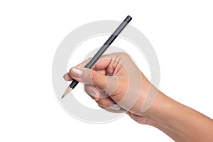 Woman hand holding pencil, writing, drawing, pointing isolated o
