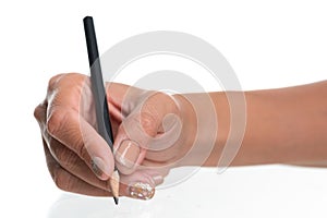 Woman hand holding pencil, writing, drawing, pointing isolated o