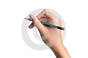 Woman hand holding pencil, writing, drawing, pointing isolated on white