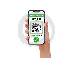 Woman Hand holding a phone with Green Pass verification for covid-19, isolated on white background, vector illustration