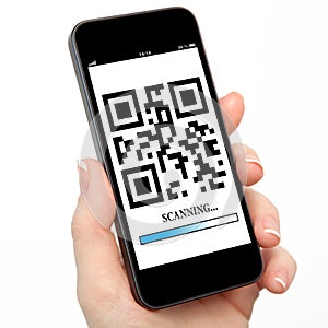 Woman hand holding a phone with qr code on the screen