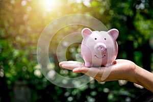 Woman hand holding piggy bank with sunrise, saving