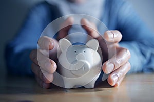 Woman hand holding piggy bank on wood table. Save money and financial investment, keeping the financial during recession concept