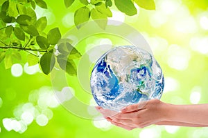 Woman hand holding planet earth globe with green natural in background.