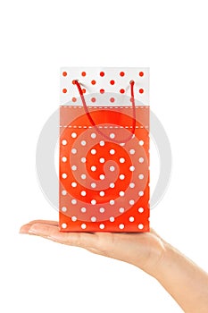 Woman Hand Holding Red Gift Bag with Present