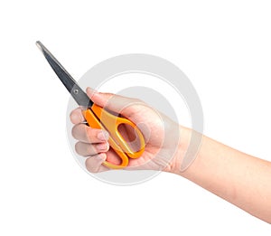 Woman hand holding scissors isolated on white