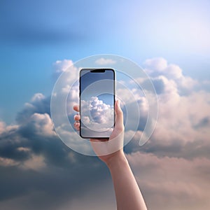 Woman hand holding smart phone with blue sky and clouds on the background