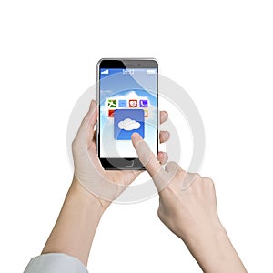 Woman hand holding smart phone finger touching cloud application