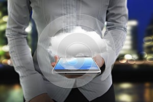 Woman hand holding smart phone with white cloud