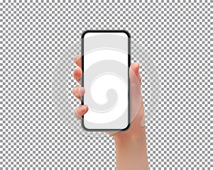 Woman hand holding the smartphone with blank screen, on transparent background, vector illustration