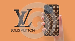 Woman hand holding the smartphone cover with logo Louis Vuitton, advertising wallpapers, Vector editorial illustration