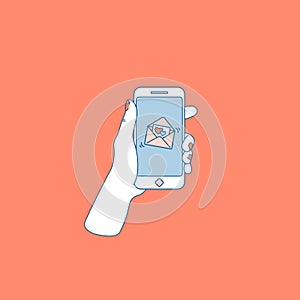 Woman hand holding smartphone. Dating application. New messages. Social media notifications. Vector illustration