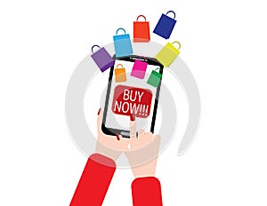 Woman hand holding smartphone with shopping bags and Buy now button