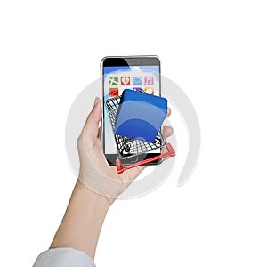 Woman hand holding smartphone with shopping cart of app button