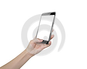 Woman hand holding smartphone thumb touching white screen