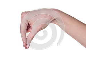 Woman hand holding something isolated on a white background