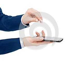 Woman hand holding and touching a mobile phone screen with her t