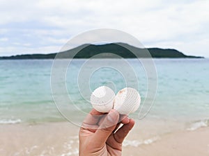 Woman hand holding white sea shell over seascape background. Relax in tropical sea concept.