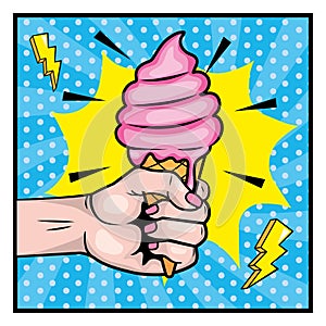 Woman hand with ice cream and thunders