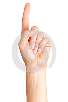 Woman hand with the index finger pointing up