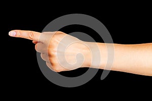 Woman hand with the index finger pointing up or showing direction