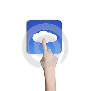 Woman hand index finger touching cloud icon button