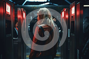 Woman hand inserting a metro ticket to enter a subway station. AI Generated