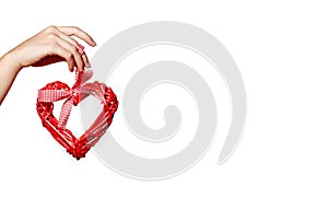 Woman Hand Keep Wooden Heart. Heart Isolated on White Background with Copy Space. Love, Family. Valentine`s Day concept