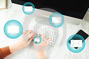 Woman hand keyboard with message sign in screen