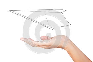 Woman hand launching white paper airplane isolated on white back