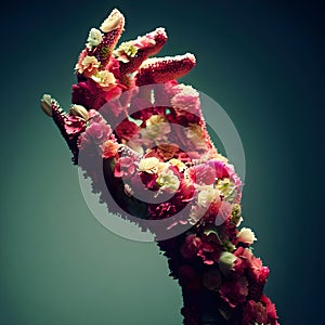 A woman hand made of flowers, bouquet. Creativity, marriage concept, feminine bridal hand