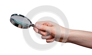 Woman hand with magnifying glass isolated on white background. Data analysis, conducting research, information search