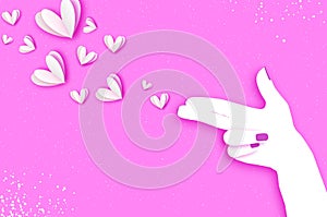 Woman hand making shape of pointed gun. Origami Female holding Two fingers like a revolver. Love Bang. White Hearts Shot