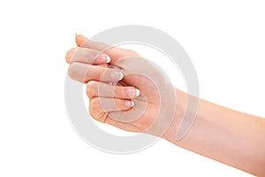 Woman, hand and manicure for polish, french nails and cosmetic care, skincare and beauty. White background, wellness and