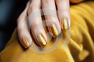 Woman hand with marigold yellow nail polish on her fingernails. Golden nail manicure with gel polish at a luxury beauty salon.