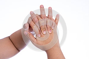 Woman hand massaging her hand and fingers isolated white background. Medical, healthcare for advertising concept