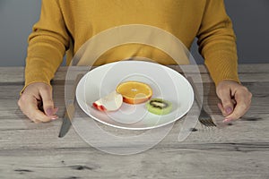 Woman  hand meter on plate